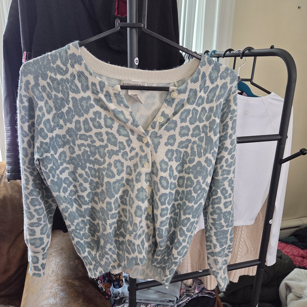 Banana Republic Cream and Blue Animal Print Cardigan